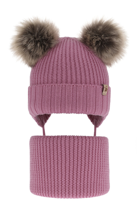 Czapka i komin dla dziewczynki zimowy komplet, fioletowy, wiązany, 100% wełniany merino, z dwoma pomponami Silvia