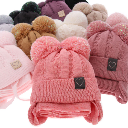 Czapka i szalik dla dziewczynki zimowy komplet, camelowy, z dwoma pomponami Rozi