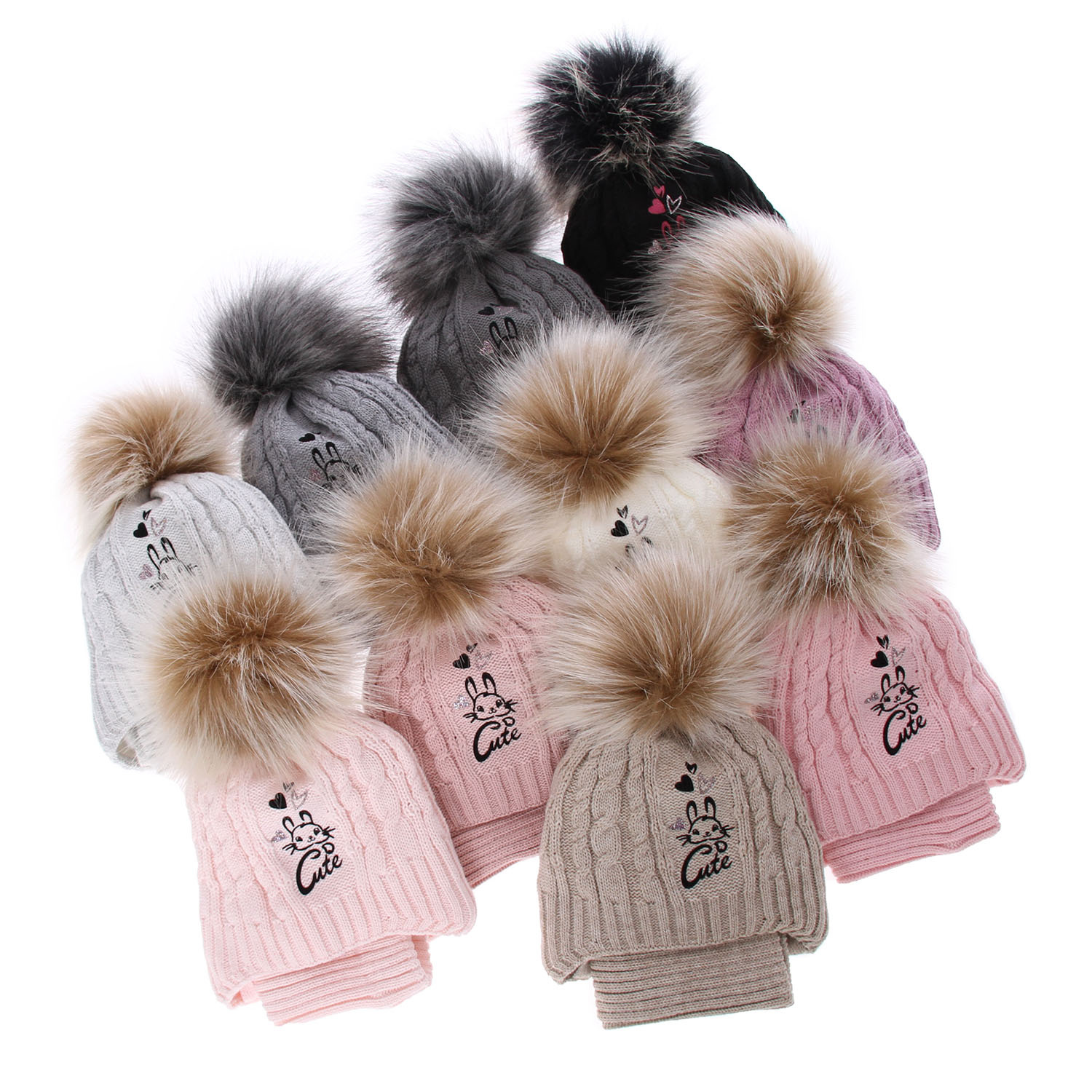 Czapka i komin dla dziewczynki zimowy komplet, różowy, z pomponem Treccia