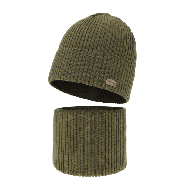 Czapka i komin dla chłopca, jesienny/ wiosenny komplet khaki 100% wełniany extrafine merino Intro