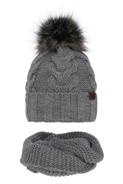 Komplet zimowy dla dziewczynki: czapka i komin szary z pomponem Torina