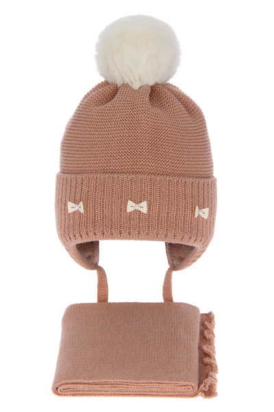 Komplet zimowy dla dziewczynki: czapka i szalik brązowy z wełny merino Maribel