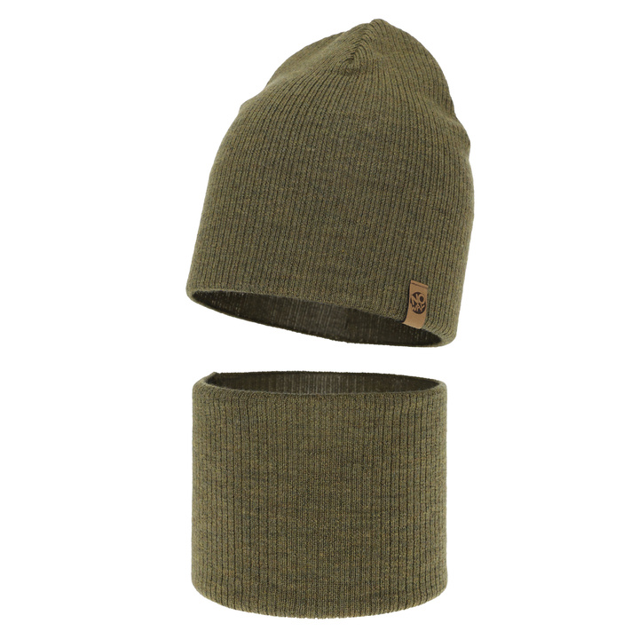 Czapka i komin dla chłopca, jesienny/ wiosenny komplet khaki 100% wełniany extrafine merino Richi