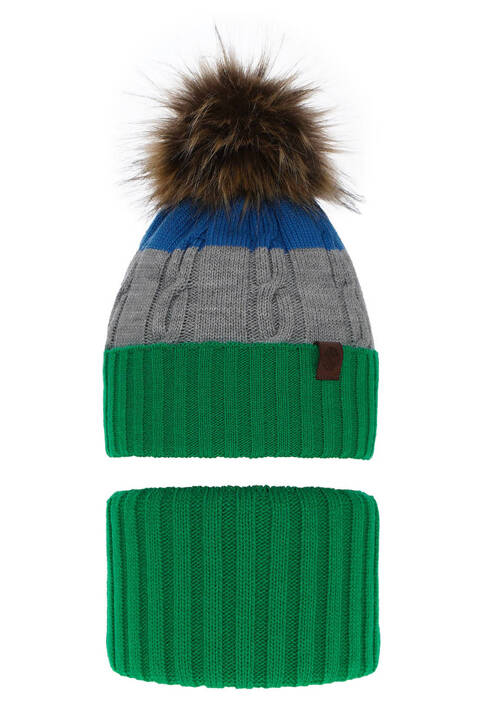 Komplet zimowy dla chłopca: czapka i komin zielony z pomponem Karmel