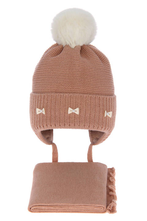 Komplet zimowy dla dziewczynki: czapka i szalik brązowy z wełny merino Maribel