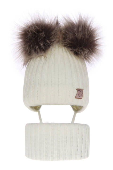 Komplet zimowy dla dziewczynki: czapka z dwoma pomponami i komin kremowy Telisa