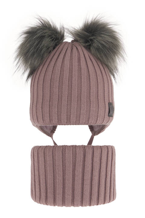 Komplet zimowy dla dziewczynki: czapka z dwoma pomponami i komin różowy Telisa